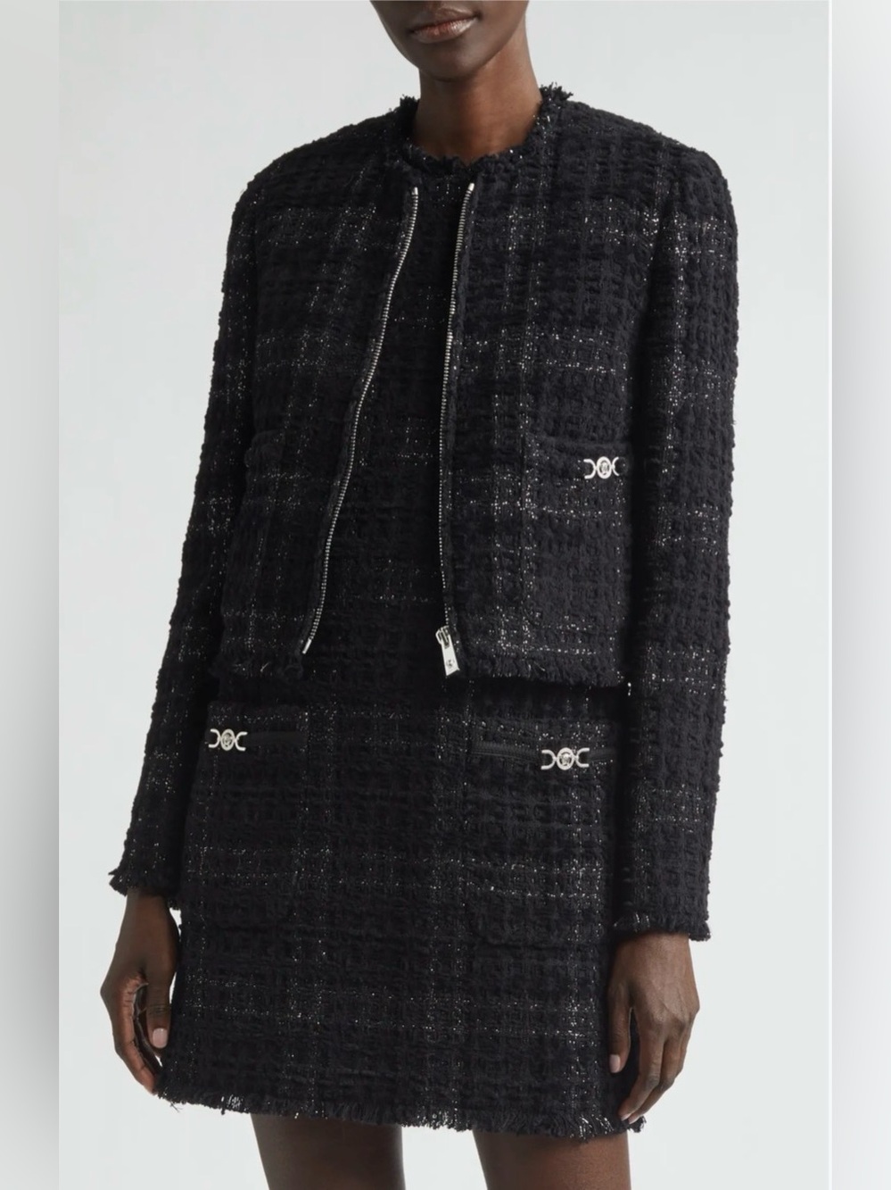 NWT Versace Black Tweed Cropped Blazer with Signature Hardware